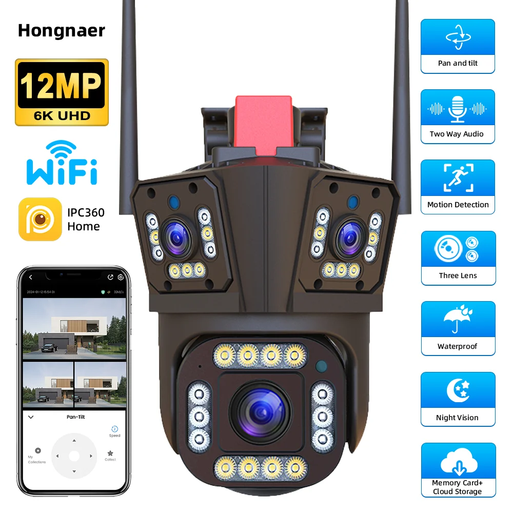 

Hongnaer 12MP 6K Three Lens IPC360 Home Wireless WiFi CCTV Home Video Network IP PTZ Night Vision Outdoor Security Camera