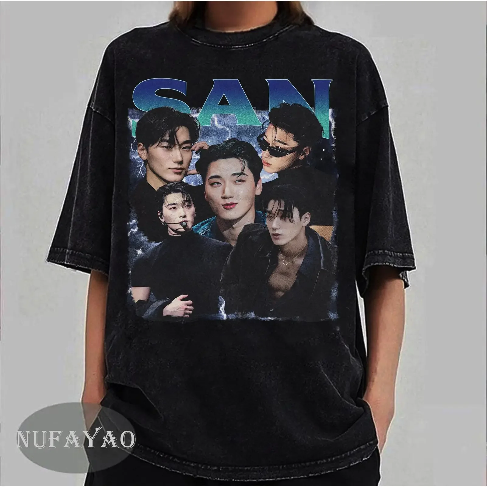 ATEEZ Choi San T-Shirt Kpop Fan World Tour Vintage Washed Unisex Atmungsaktiv Bequem Modisch Leichtes Oberteil für den Alltag