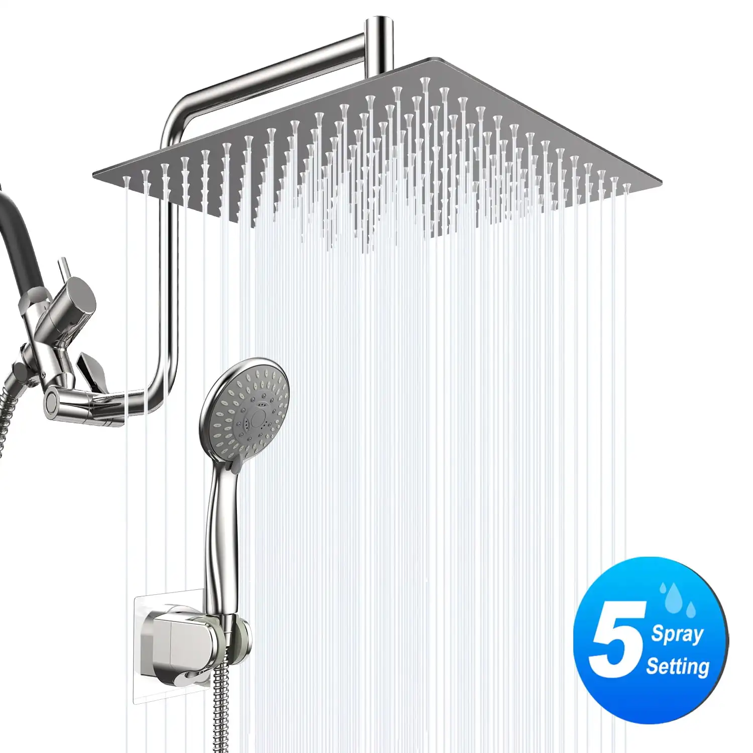 

Shower Head Combo, 304 Stainless Steel High Pressure Rain Shower Head with 5 Settings Handheld Shower