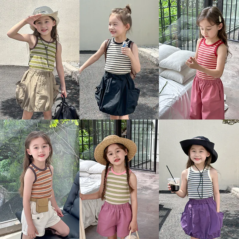 2024 Summer Girl's Refreshing Striped Tank Top Children's  Contrast Color Striped Sleeveless T-shirt Top