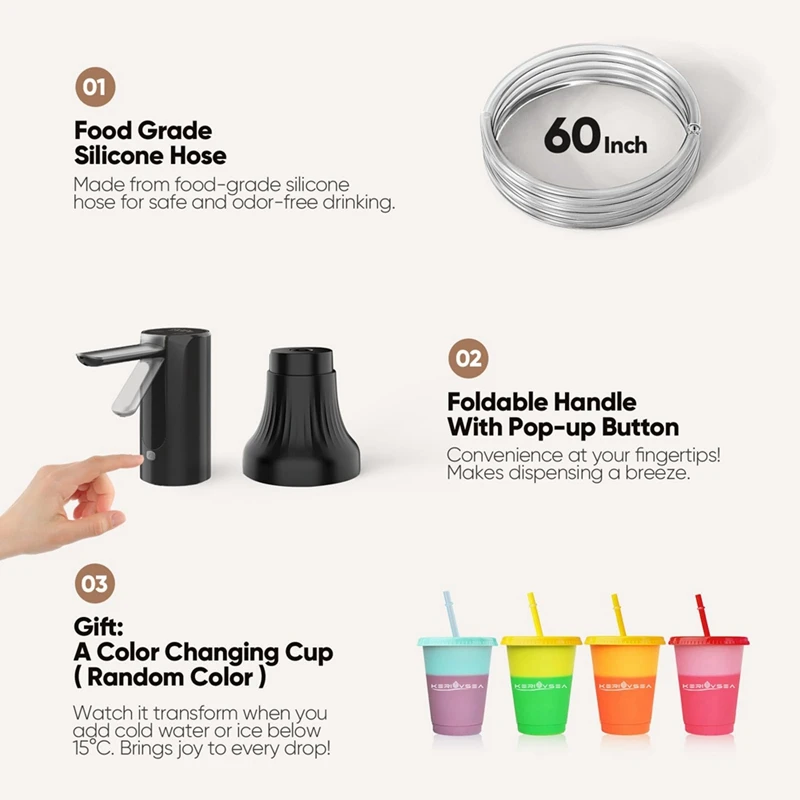 Pompe à eau potable automatique, distributeur d'eau, poignées amovibles, bouteille de 5 gallons, maison, bureau, camping