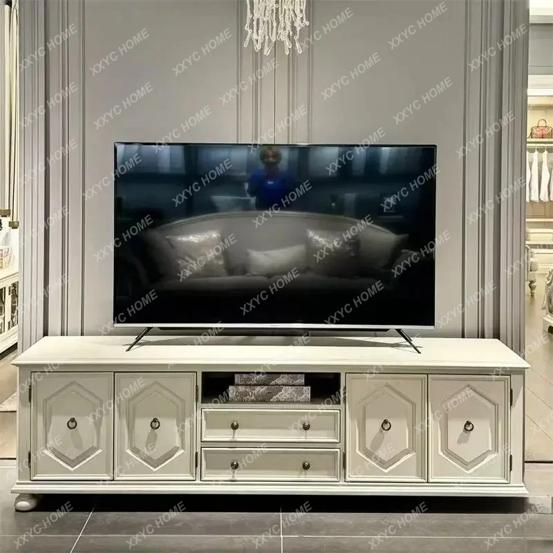 Retro and old living room TV cabinet Solid wood white storage cabinet