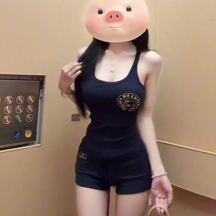 Spicy Girl Faion Sportset Dames Zomer Nieuwe Svel Strap Top Casual orts Tweedelige set Polyestervezel T-shirt