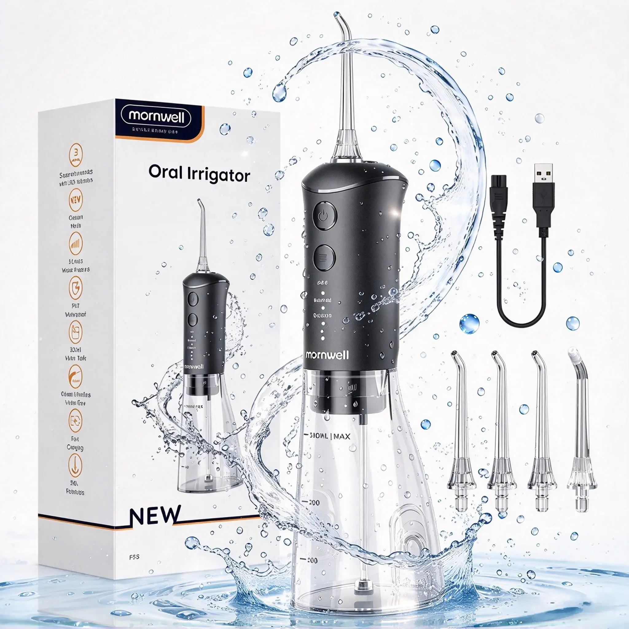 `Mornwell F38 Portable Water Flosser Oral Irrigator, 3 Modes Water Jet Teeth Cleaner with 4 Replacement Jet Tips, IPX7 Waterproof, 300ML Large Water Tank, USB Rechargeable Oral Water Floss for Travel, Braces & Gum Care`