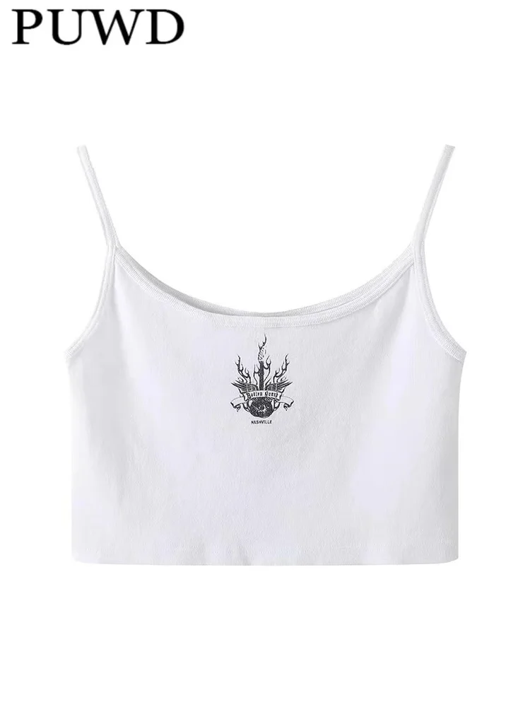 PUWD Casual Women White Fire Print Soft Cotton Tank 2022 Summer Fashion Ladies Solid Slim Short Tops Female Girlish Crop Top