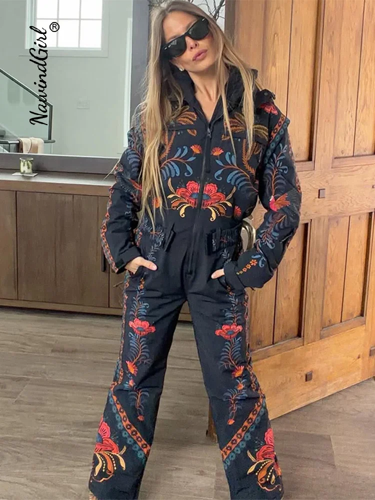 Vintage Printed Women's Ski Jumpsuit Long Sleeve Zippers Stand Collar Pocket Lady Rompers 2026 Winter Fashion Female Ski Wear