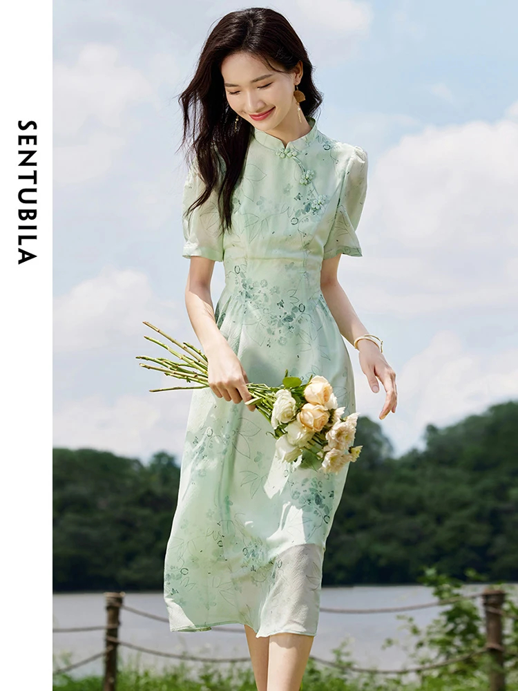 SENTUBILA Floral Printed Midi Silk Dresses for Women 2024 Spring Summer Stand Neck A-line Chinese Style Elegant Dress Q32L50728