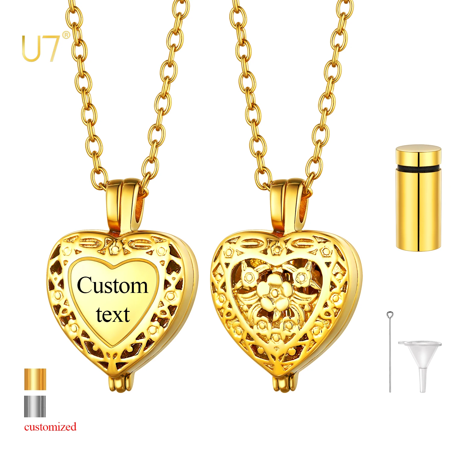 

U7 Vintage Pattern Flowers Custom Heart Pendant Urn Necklace Locket for Ashes Stainless Steel Cremation Jewelry Gift for Women