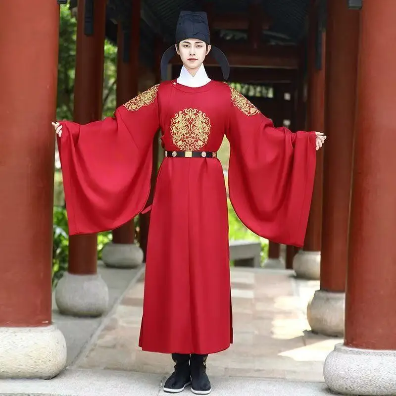 

Мужской костюм Ханьфу для китайской свадьбы, традиционный наряд жениха династии Тан, длинный халат с круглым вырезом, королевская одежда для косплея на Хэллоуин, фото