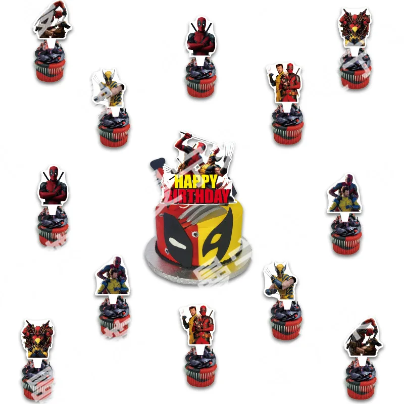 1Set Deadpool & Wolverine Balloon Avengers Ballons Happy Birthday Banner Flag Super Hero Party Decor Supplies Kid Boy Cake Card