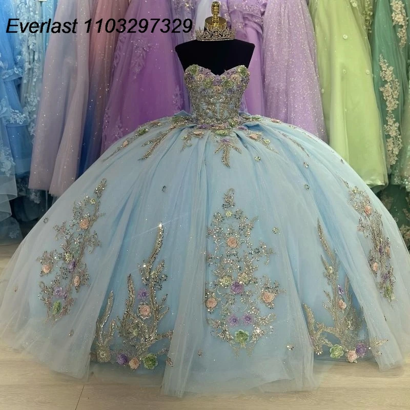 

EVLAST, мексиканское синее платье Quinceanera, бальное платье, Красочная 3D Цветочная аппликация, украшенная бисером, искусственное милое 16 платье, 15 лет TQD604