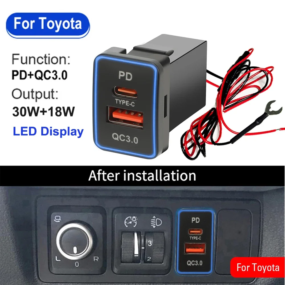

12 В-24 В автомобильное зарядное устройство, адаптер PD QC, USB-разъем для быстрого зарядного устройства, водонепроницаемый со светодиодным дисплеем для Toyota Corolla, автоаксессуары