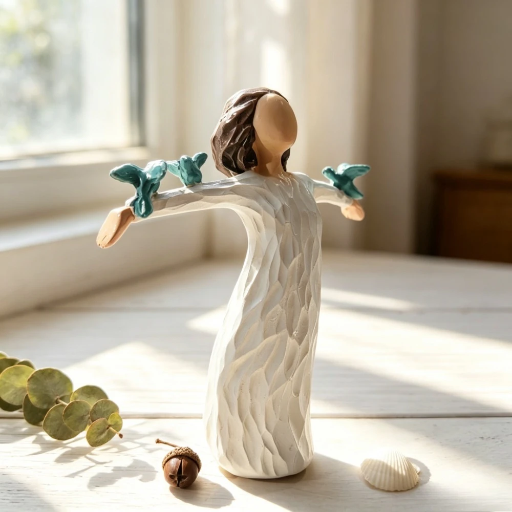 Hope & Freedom Faceless Girl Resin Statue with Blue Birds, Artistic Tabletop Ornament for Home & Office Decor, Warm Gift Idea