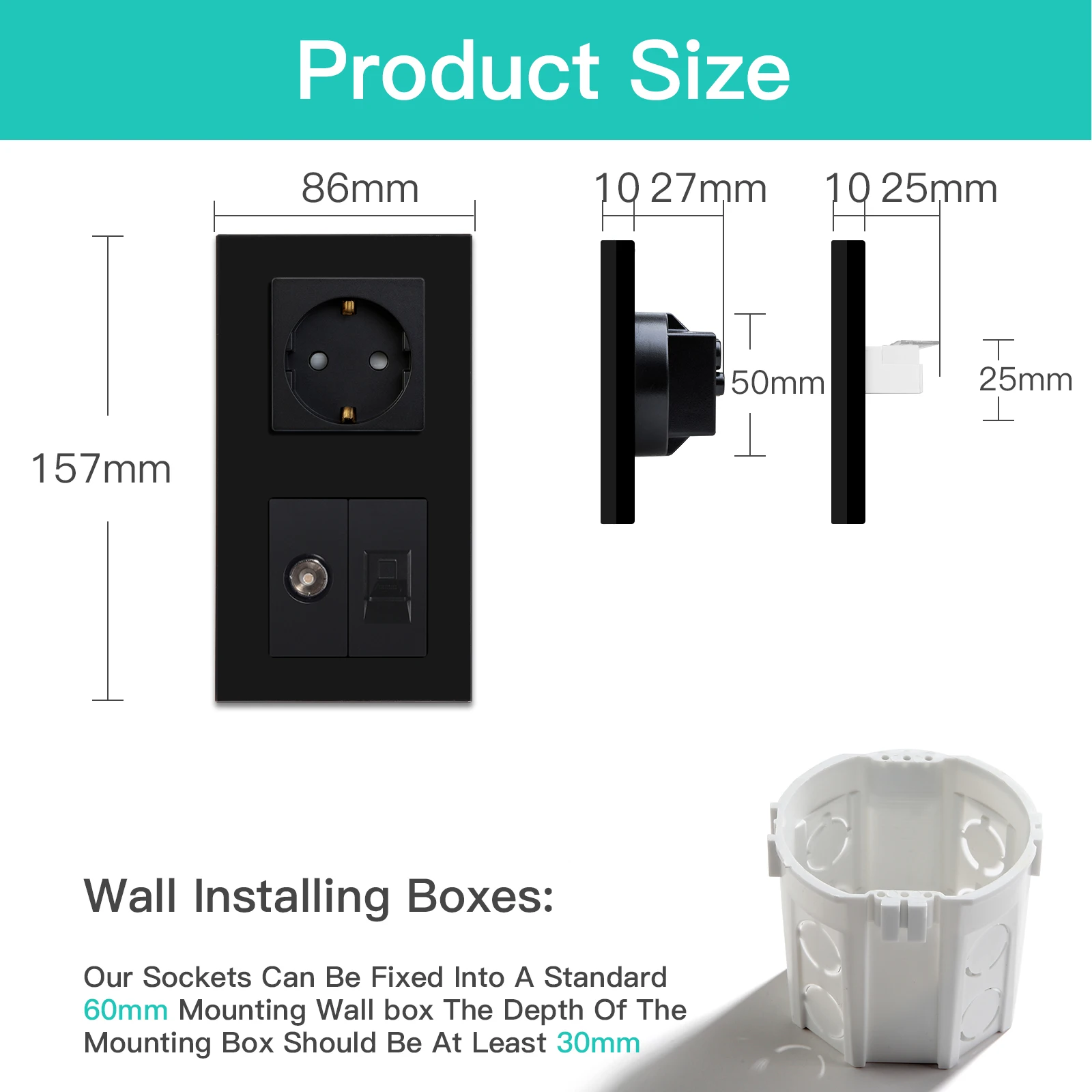 BSEED Sockets TV CAT6 Power Socket EU Standard TV Internet RJ45 PC Connections USB C Electric Wall Sockets Black Glass Frame