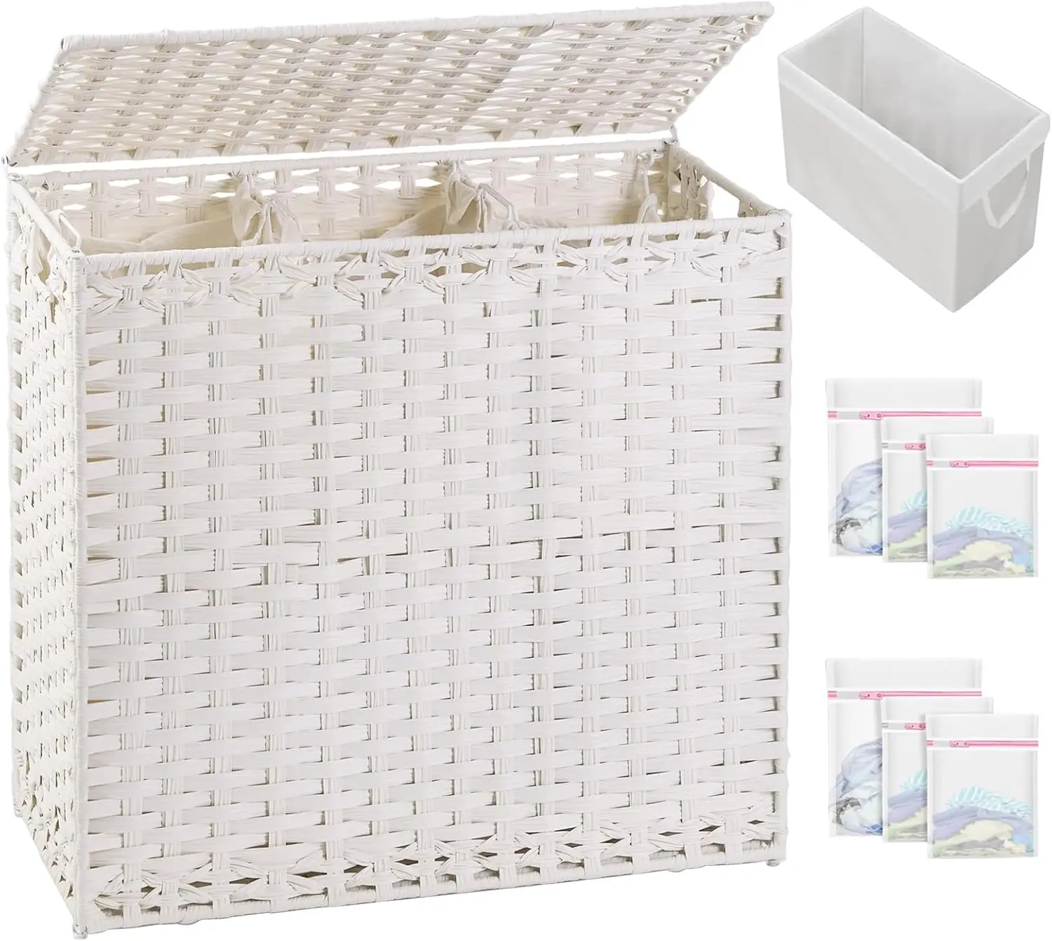 

Large Wicker Laundry Hamper with Lid, 132L Capacity, Includes Removable Liners and Mesh Bags for Easy Sorting