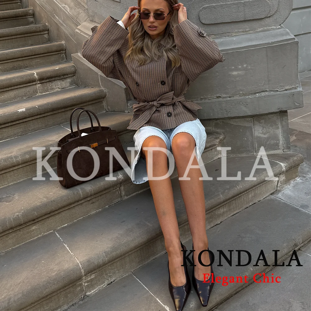 KONDALA Women Trendy Plaid Short Jacket Double Breasted Belt Pockets Jacket New Fashion 2026 Early Fall Streetwear Trench Coat