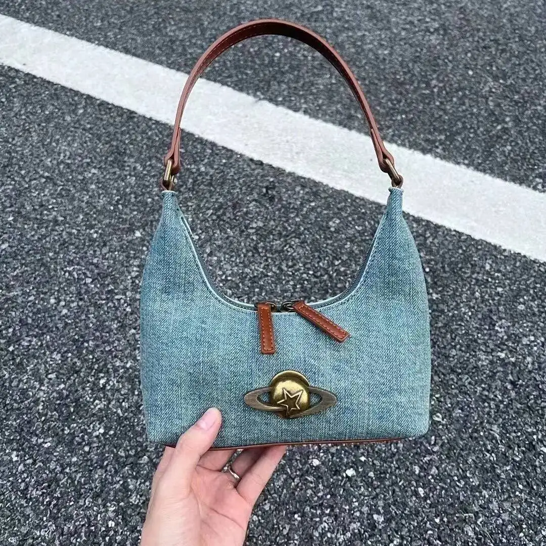 Bloom Vintage Denim Underarm Women New Retro High Street Zipper Chic Y2k Hand Bag Purse Ladies Fashion Casual Bolso Mujer
