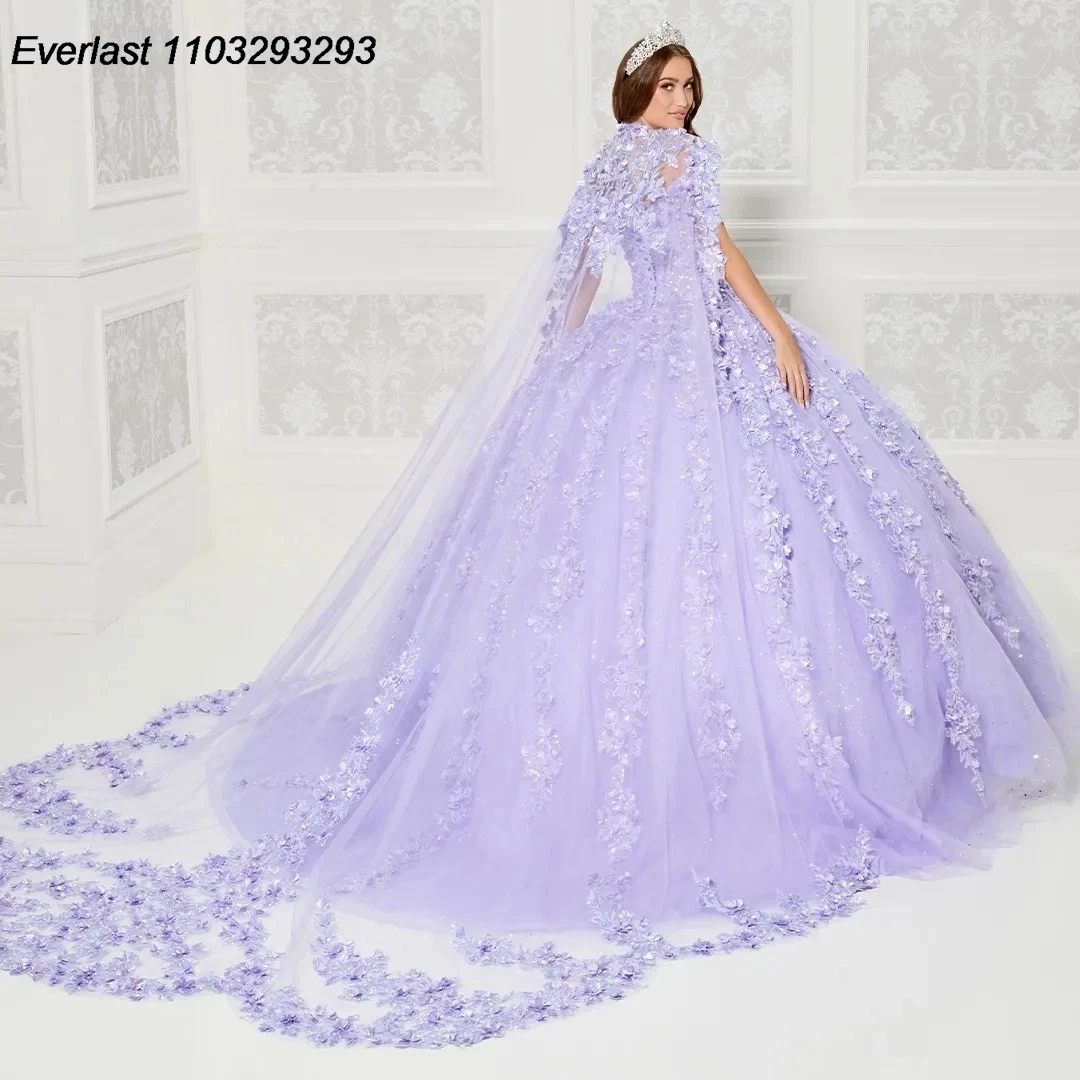 EVLAST Shiny Yellow Quinceanera Dress Ball Gown 3D Floral Lace Applique perline con Cape Sweet 16 Vestido 15 De aecos TQD237