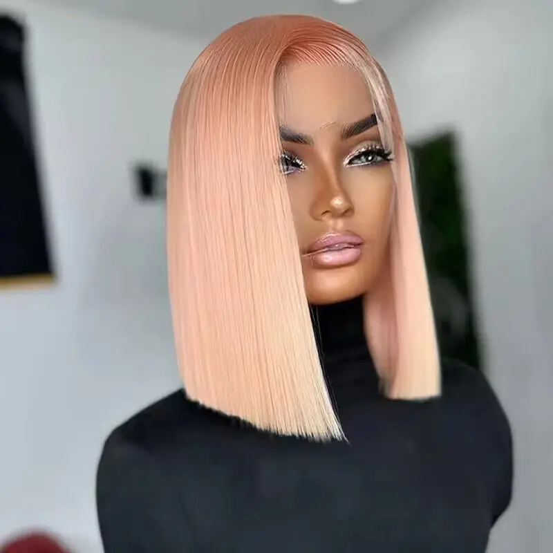 

Pink Bob Wigs 13x4 Lace Front Brazilian Straight Peach Pink Bob Wigs