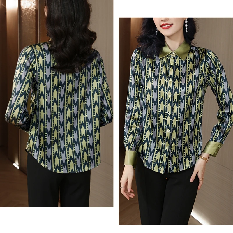 2023 New Spring Autumn Women Top Silk Shirts Blouses Elegant Office Ladies Long-Sleeve Vintage Print Satin Shirt Female Clothes