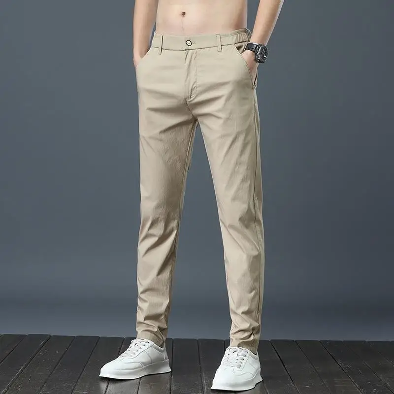 

High Quali Summer Thin Ice Silk Men's Slim Fit Casual Pants Elastic Spor Versatile Long Trousers Breathable Comfortable