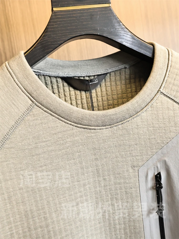 High-End Customized Outdoor Fabric Sportswear Long Sleeve Square Grid Velvet Anti-Tear Warm round Neck Sweatshirt for Men