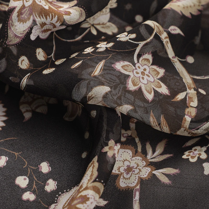 Summer Thin Fabric,135CM Wide 10MM Floral Printed on Brown Silk Georgette for Dress Pants Cheongsam, Soft Silk Fabric R256