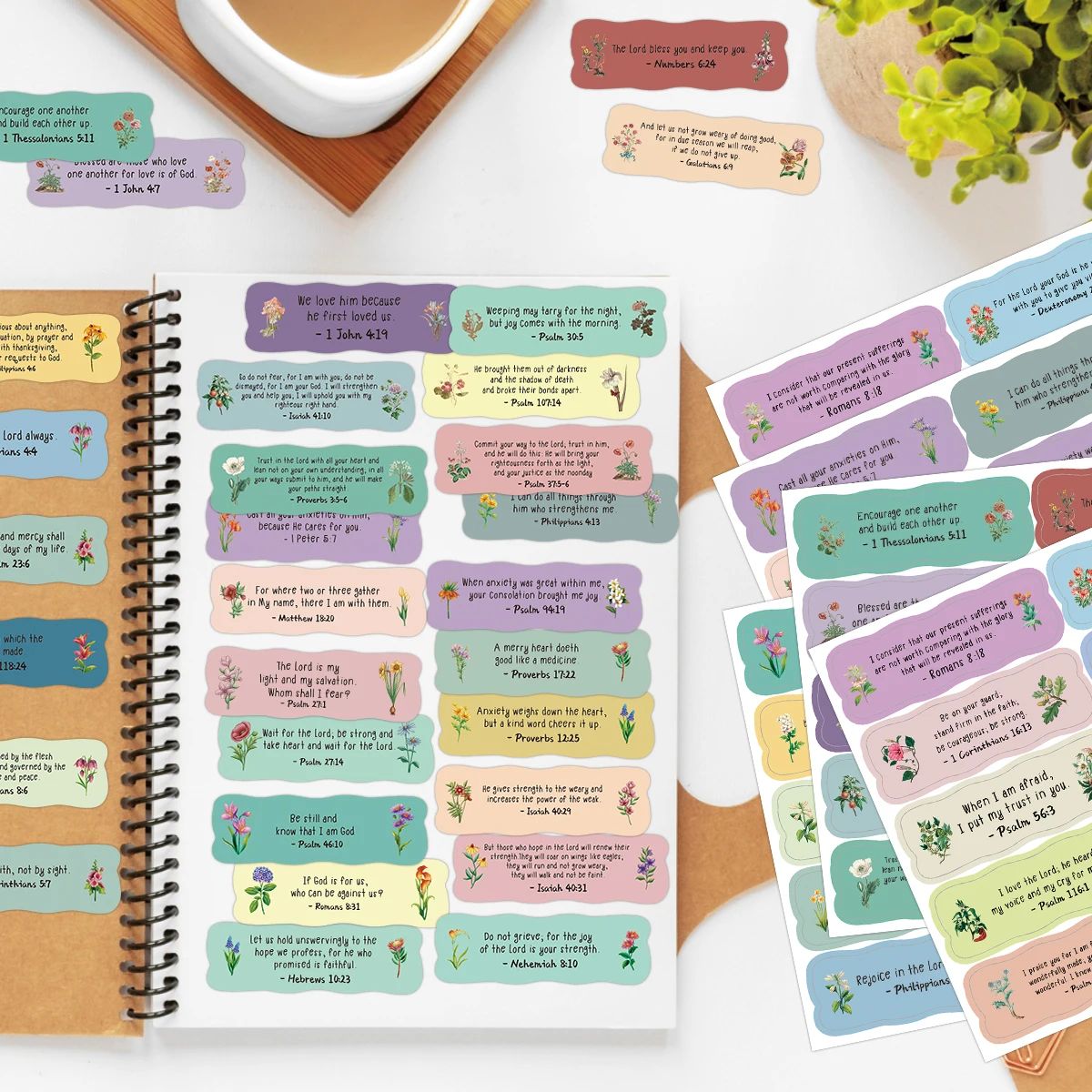 50pcs/5sheets Wildflower Design Inspirational Bible Verses Label Stickers For Journaling Planner,For Water Bottle Laptop Sticker