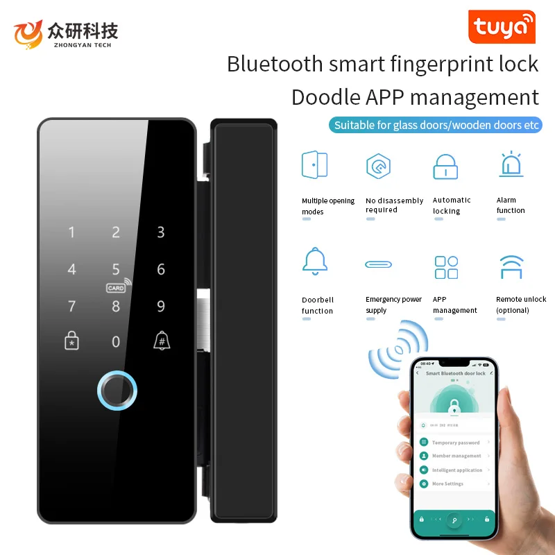 Tuya Office Fingerprin Glass Door Lock 13.56mhz IC Card Password  Fingerprint Unlock Bluetooth Access Control Smart Door Lock