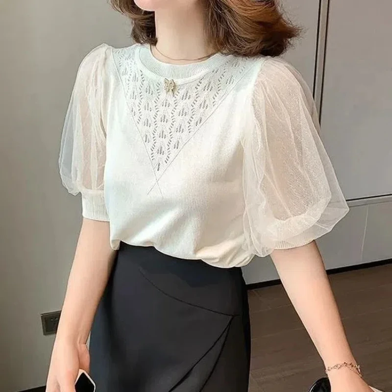 Temperament Summer Solid Thin Women\'s Ice Silk O-Neck Hollow Out Gauze Patchwork Fashion Elegant Short Sleeve Slim Knit Tops