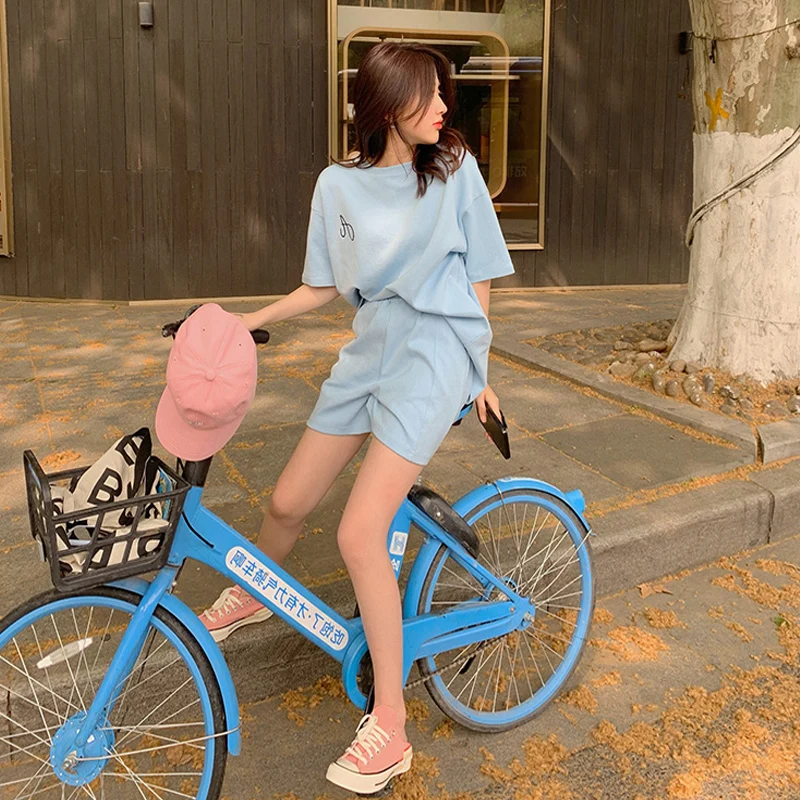 Summer Casual Women Running Sports set blue Suit korean Loose Short Sleeve O-neck Tops & Shorts Pant 2 piece sets womens outfits