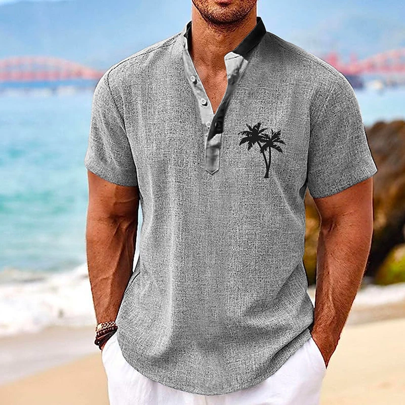 Coconut Tree Plaid 3D Print Henley Shirts Men\'s Casual Oversized Button Stand Collar Short Sleeve T Shirt Tees Tops Man Clothing