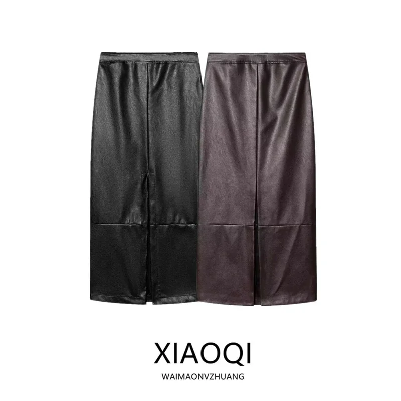 

High Waist Leather Effect Skirt Back Split New Winter Women's Fashion Asymmetrical Straight Cut Skirts for Ladies