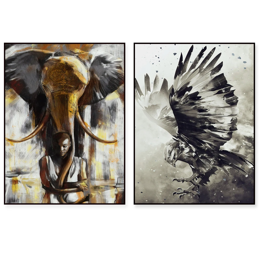 Black And White Animal Art Canvas Print - Figurative Cow American Eagle Elephant Couple Big Noble Horse - Animal Poster