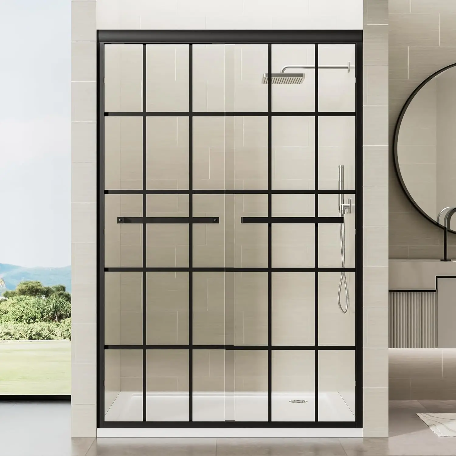 

Grid Pattern Sliding Shower Doors, 44-48 in W x 72 in H, 1/4 in(6mm) Tempered Glass, Black Semi-Frameless Shower Door with Alumi