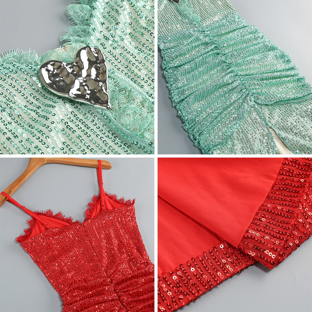 Sexy Spaghetti Strap Backless Sequin Dresses Heart Decoration Smocked Tiered Split Cocktail Evening Party Luxury Long Gown
