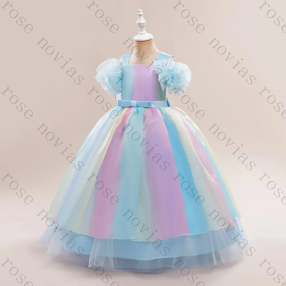 Customized Rainbow Tulle Puff Sleeve Girls Dress 2026 Gradient Princess Gown for Wedding Baptism First Communion Party Costume