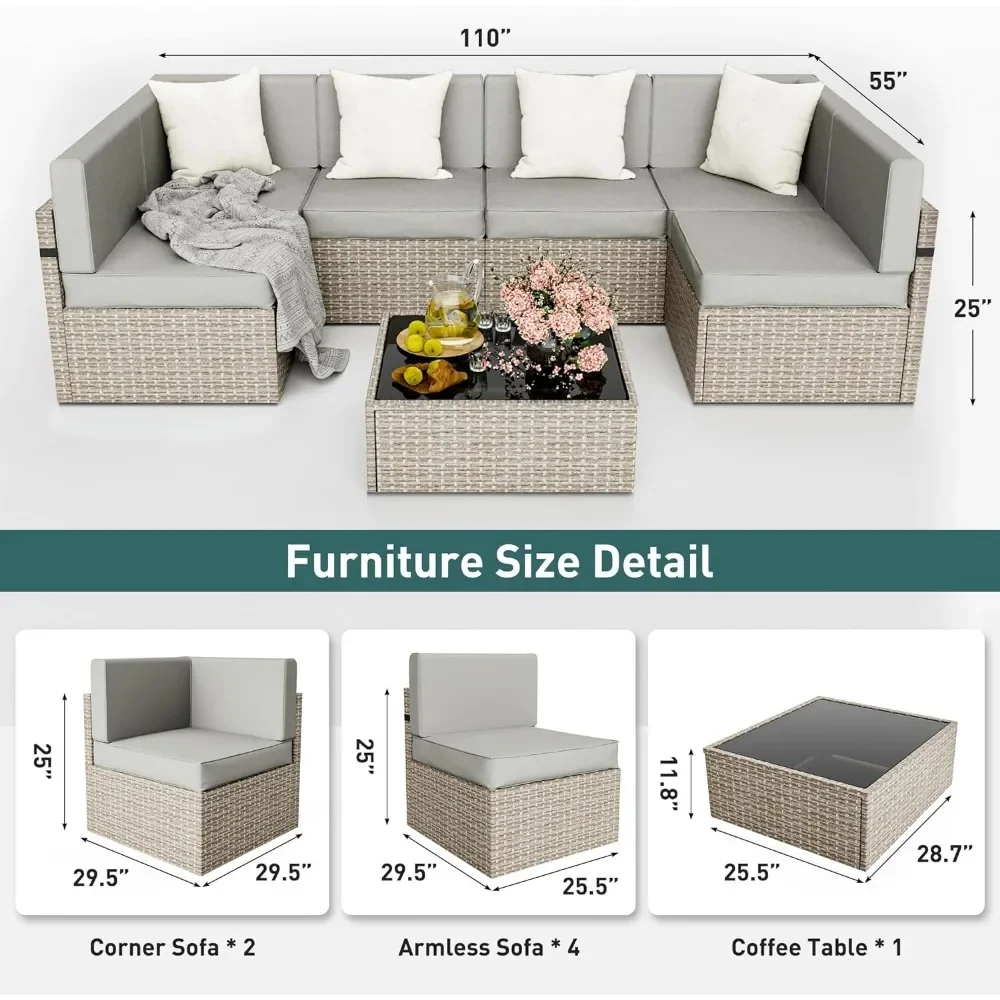 Combinação secional do sofá do pátio do vime ajustada, mobília exterior modular, 7 partes