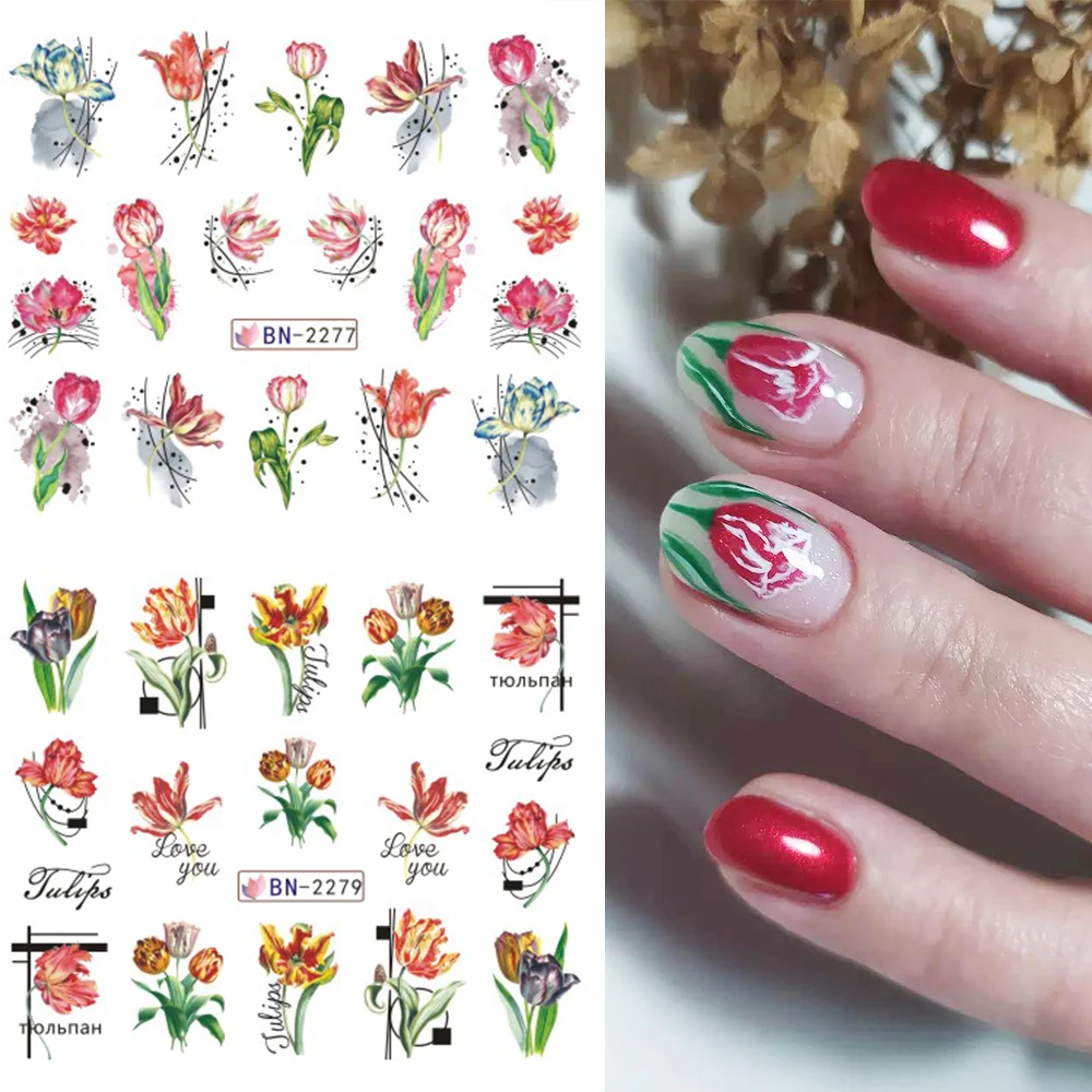 Calcomanías de agua para uñas con flores de tulipanes, pegatinas de transferencia de hojas para uñas, decoración de primavera y verano, gotas de nieve, marcas de agua, deslizador LEBBN2269-2280