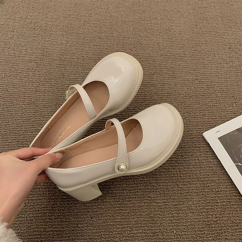 Spring Women Pumps Mary Jane Chunky Heel Platform Peal Buckle Ladies Sandals Female Retro Shallow College Girl Cute Shoes Mujer