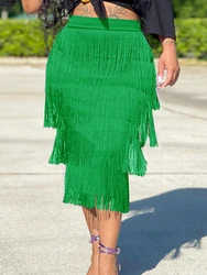 Green Fringe Skrit High Waist Black Bodycon Pencil Skirts Women Stretch Sheath Midi Length Tassel Jupe Saias Faldas 3XL 2024 New