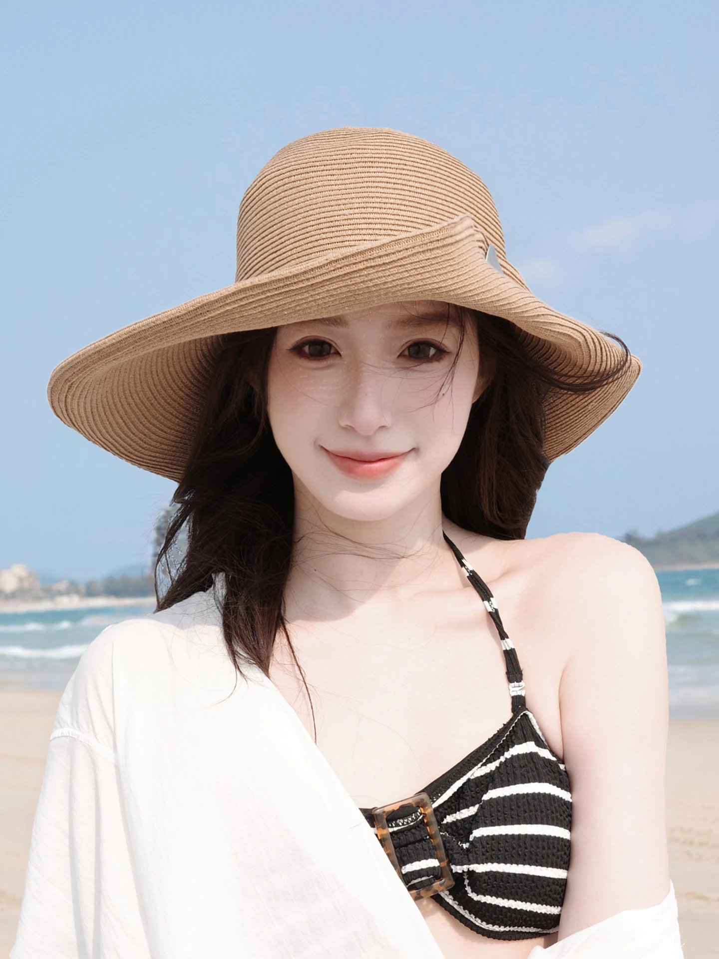 ヘベスタイル-レディース-麦わら帽子-夏休み-日よけ-大きなつば-顔痩せ効果-日焼け防止帽子-調節可能なラウンドトップキャップ