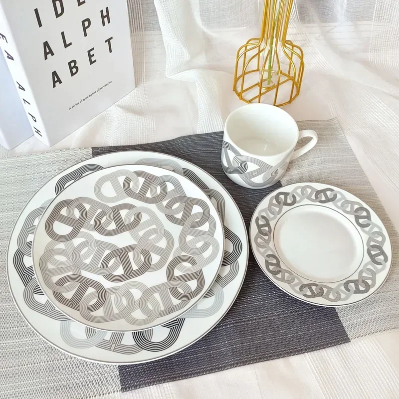 

Simple European modern fresh ceramic western food plate, bone china steak decoration tableware runway, cup and plate