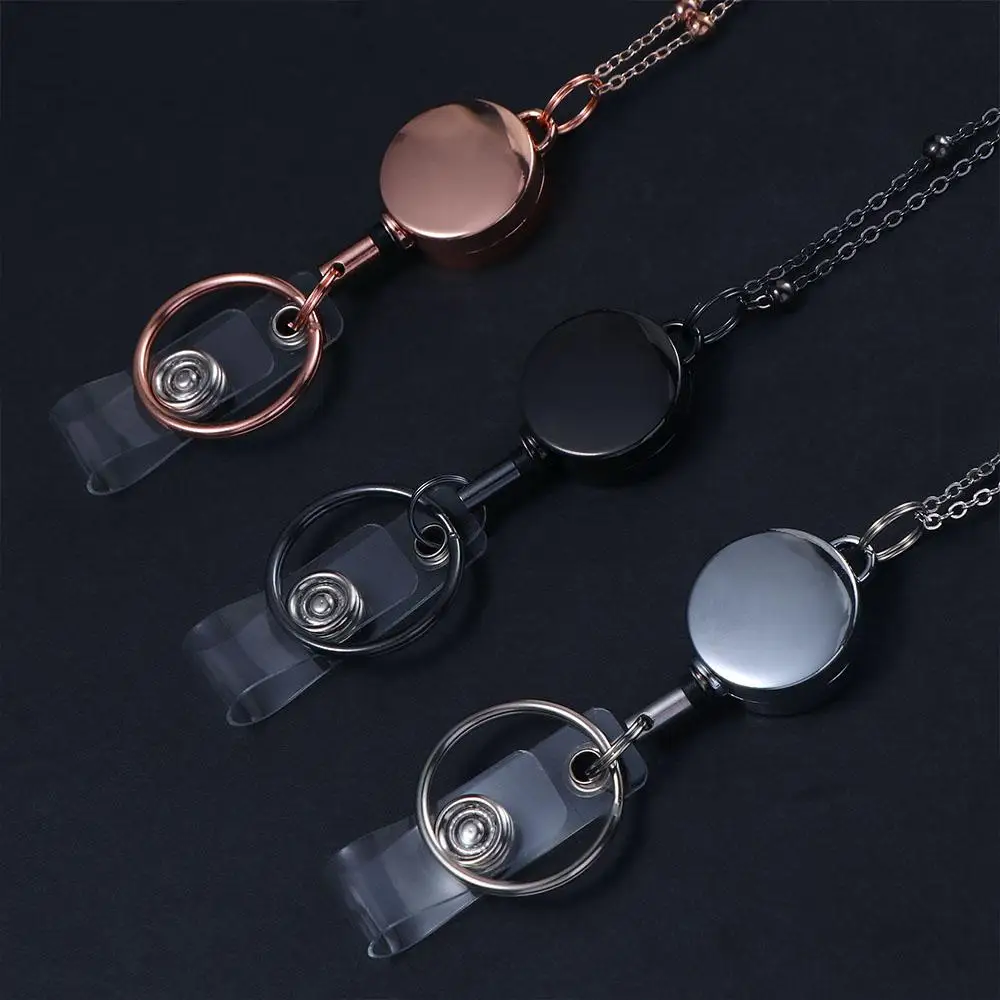 Office Supplies Stainless Steel Badge Holder Necklace DIY Beaded Lanyard Retractable Badge Reel Lanyard with ID Card Holders