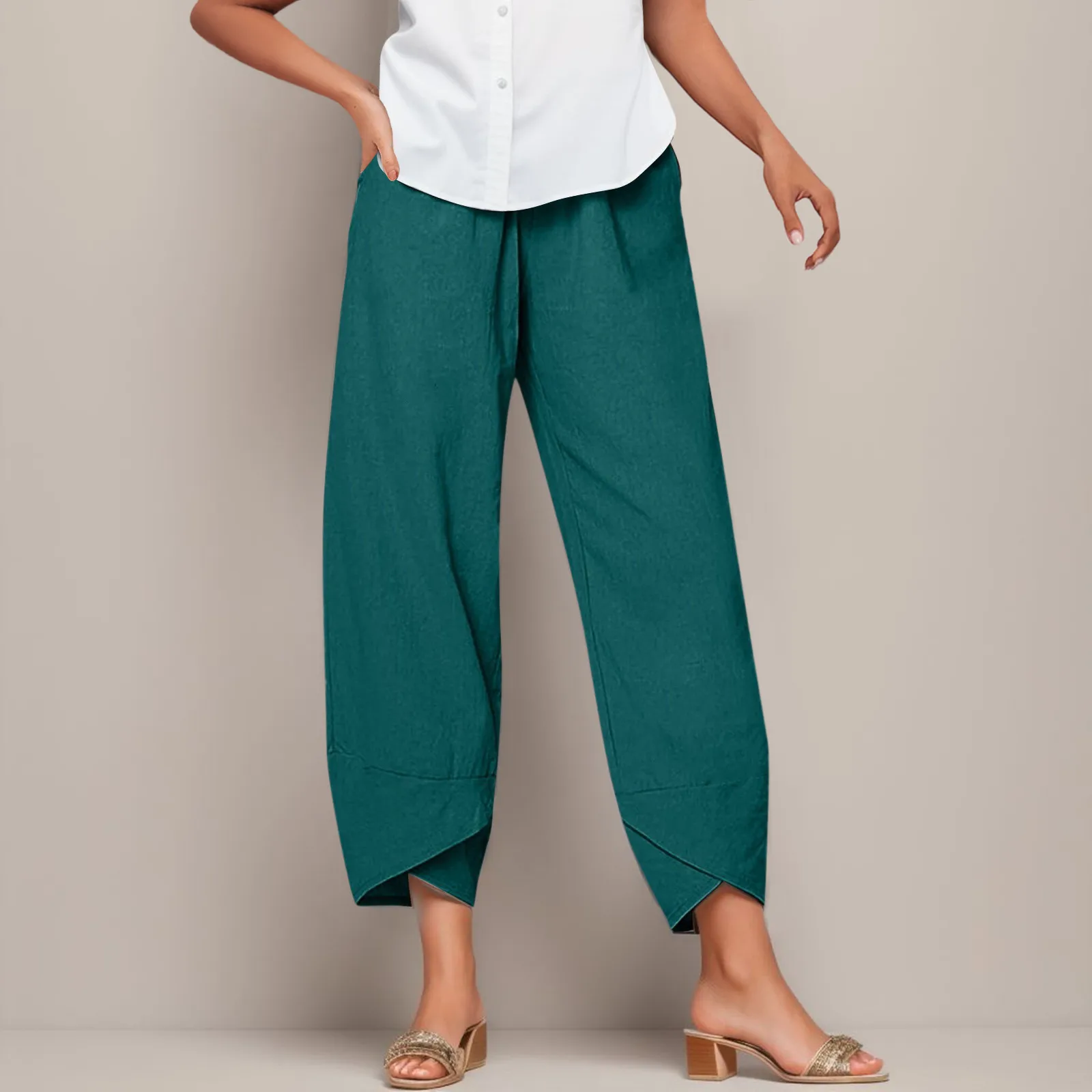 Calça feminina casual monocromática de cintura alta solta de algodão e linho, roupa de casa diária, simplicidade