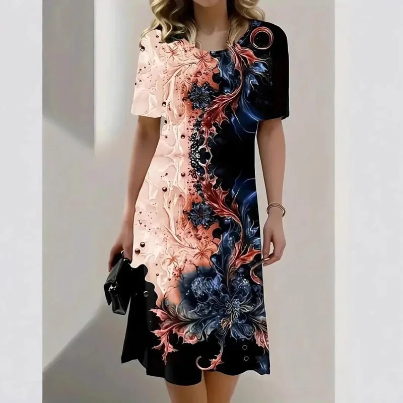 Neues Kleid mit Blumendruck – feminines Damen-Sommerkleid in A-Linie mit Rundhalsausschnitt