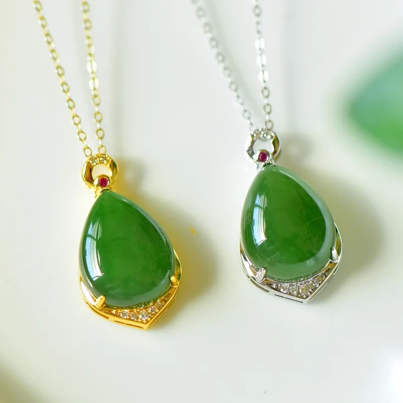 SGARIT Hetian Jade S925 Silver Inlay 13*24mm Waterdrop Pendant Unique Design Simple Style with Silver Chain Two Color Options