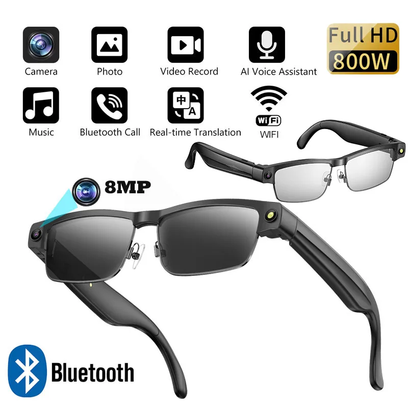 

AI Smart Glasses 8MP HD Camera Bluetooth Call Sport Sunglasses 270mAh Battery Intelligent Voice Record Music Video Smart Glasses