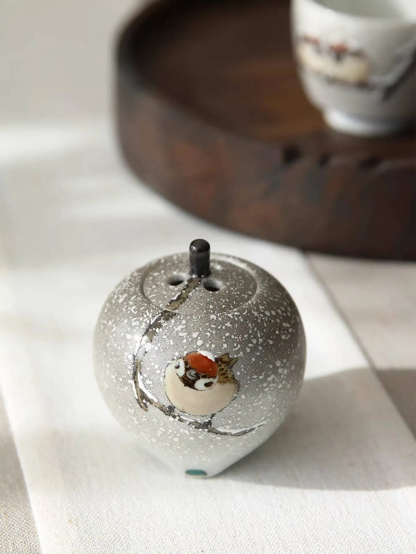 Proudly Standing On The Branch, Japanese Imported Kutani Ware Nakamura Pottery Hand-Painted Snow Bird Incense Burner, Desktop