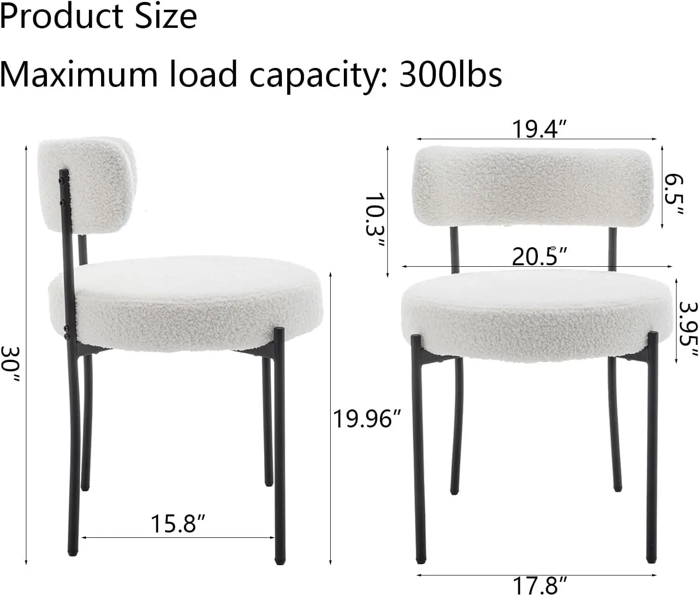 

Set of 4 Boucle round Upholstered Dining Chairs Black Metal Legs White Modern Dining Room Furniture for